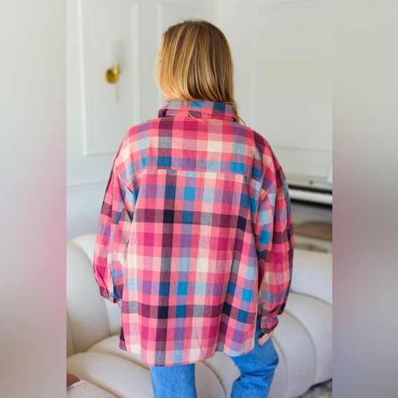 Oversized Button Down Mauve Washed Lightweight Plaid Top, Puff Shoulder, Small - Picture 9 of 11
